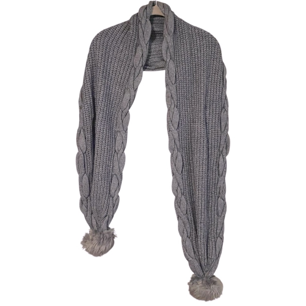 Reiss oversized cableknit scarf faux fur pom pom cashmere wool grey luxury
